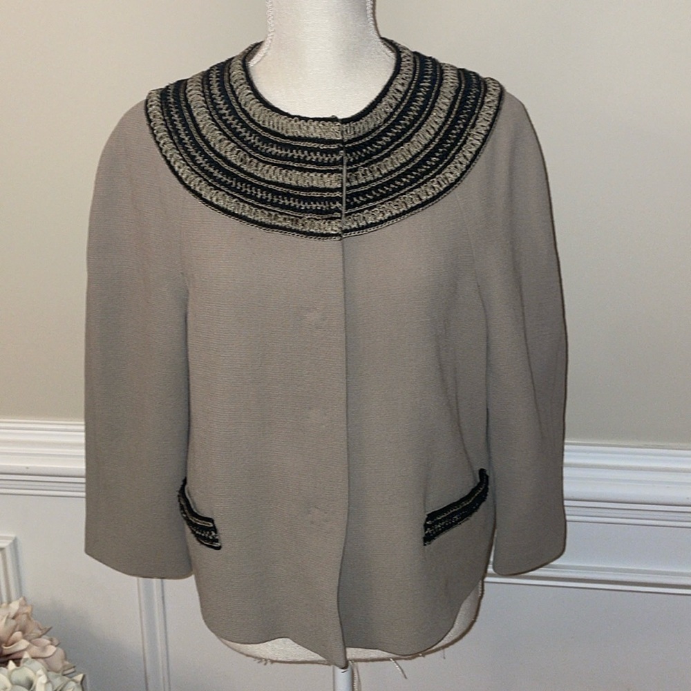 Proenza Schouler Italian Designer Wool Tan‎ Jacket Blazer Hand Embroidered Sz 8